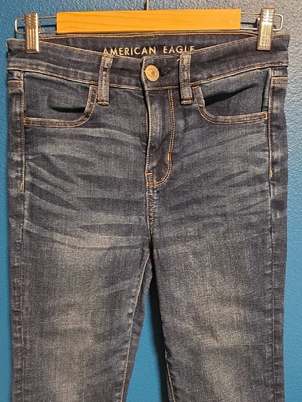 American Eagle Outfitters Dark Blue Jeans with Tan Stitching